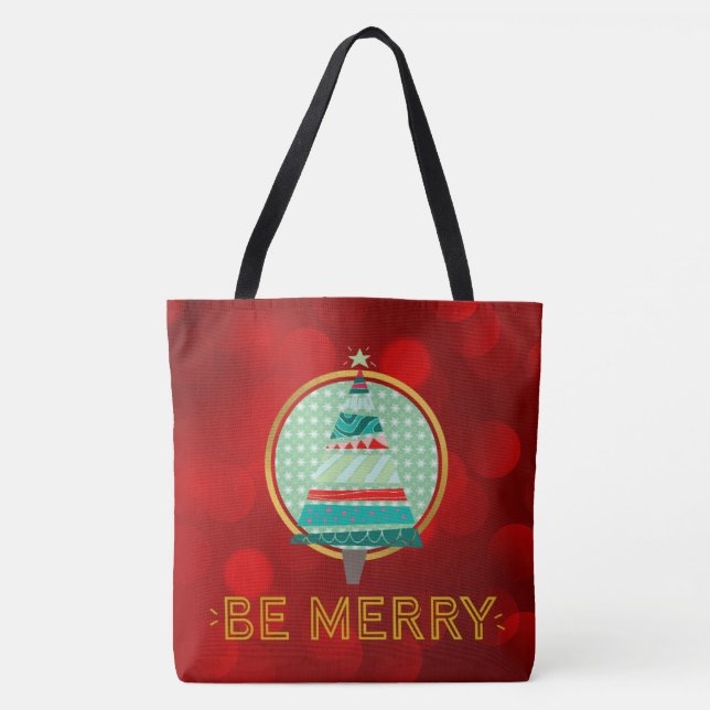Árvore de Natal Red Sparkly Seja Feliz Tote Bag (Frente)