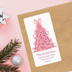 Árvore de Natal Rosa e Etiqueta de Endereço de Rem