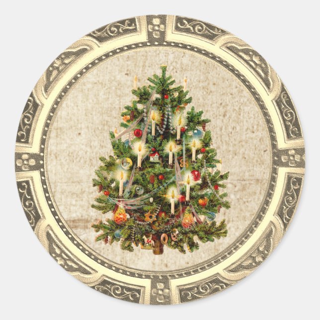 Árvore de Natal Vintage Adesivo Redondo Clássico (Frente)