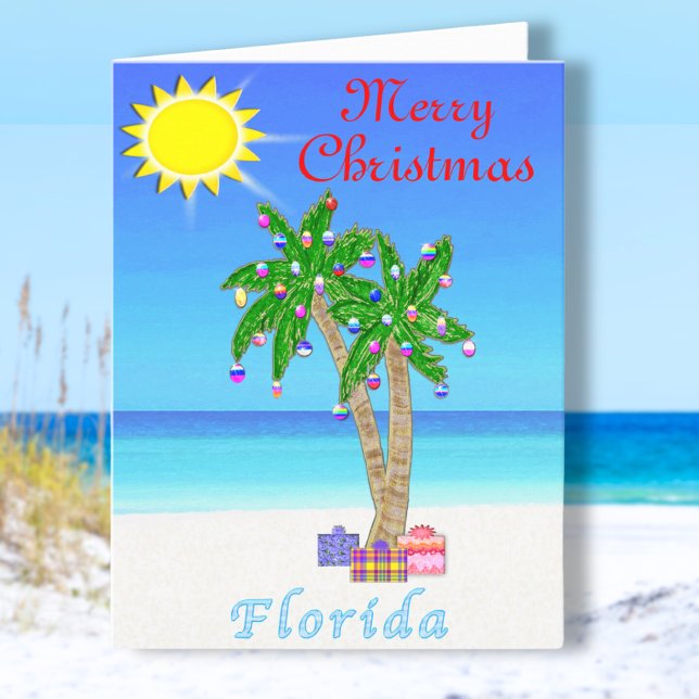 Árvore de Palma de Cartões de Natal da Flórida na  (Cheerful, Florida Christmas Cards. Palm Trees decorated with Ornaments and Gifts. Florida Cards.)