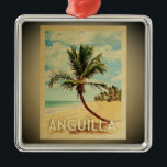 Árvore de Palma de Viagens vintage de Ornamento de<br><div class="desc">Um enfeite legal no estilo da vintagem Anguilla com palmeira em uma praia arenosa com céu azul e oceano.</div>