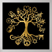 Árvore de Paz Mundial Dourada e Poster Negra