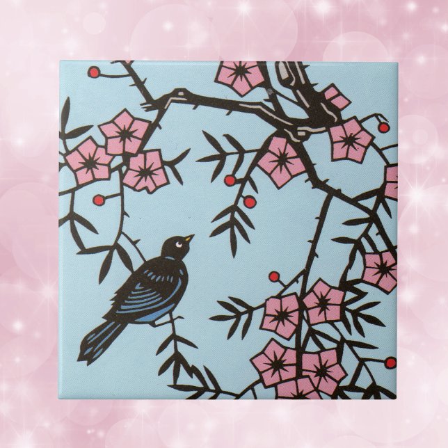Árvore do Flor de Cereja Preta (Black bird in cherry blossum tree with pink flowers on light blue decorative ceramic tile.)
