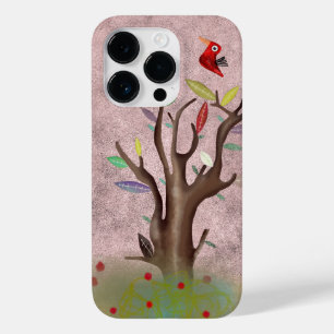 Árvore pássaro vermelho arte pintada rosa pálido