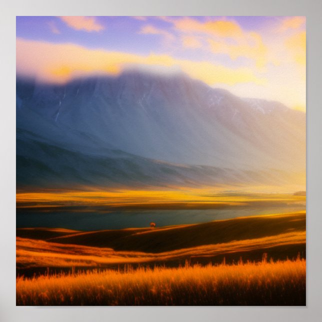 Árvore solitária pela Poster da montanha (Frente)