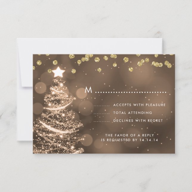 Árvore Sparkle RSVP de Casamento de Natal Dourada (Frente)