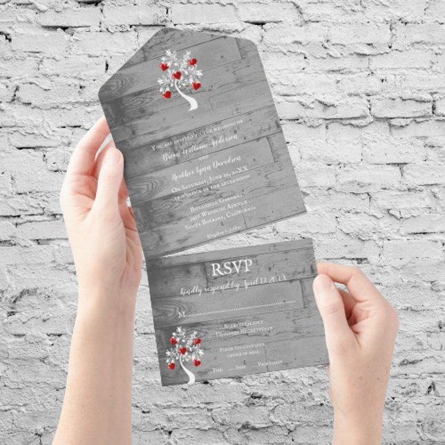 Árvore Vermelha de Corações Tudo em Um Convite de  (Red Tree of Hearts All in One Wedding Invite)