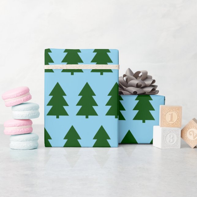 Árvores de Natal verdes Papel de embrulho azul (Chá de bebê)