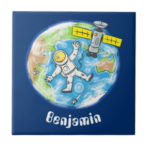 Astronauta engraçado no espaço e na banda desenh