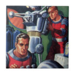 Astronautas Vintage Science Fiction consertando um<br><div class="desc">Ilustração vintage: aliens futuristas de ficção científica e imagem de robôs apresentando um homem trabalhando em seu robô metálico. Um astronauta é um piloto que controla os controles do seu foguete. Retro clássico com estilo cômico de 50 s design de ficção científica.</div>