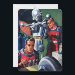 Astronautas Vintage Science Fiction consertando um<br><div class="desc">Ilustração vintage: aliens futuristas de ficção científica e imagem de robôs apresentando um homem trabalhando em seu robô metálico. Um astronauta é um piloto que controla os controles do seu foguete. Retro clássico com estilo cômico de 50 s design de ficção científica.</div>