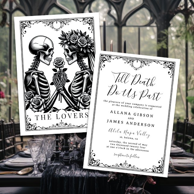 Até a morte nos faz um convite para casamento taro (Mockup of gothic wedding invitation and tarot card "The Lovers".)