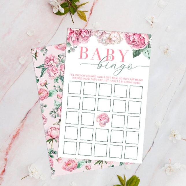 Atividade do Chá de fraldas Floral Bebê Bingo Rosa (Floral Peony Roses - Baby Shower Bingo Activity Game)