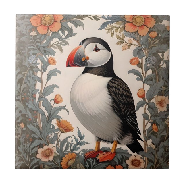 Atlantic Puffin William Morris Inspirou Floral (Frente)
