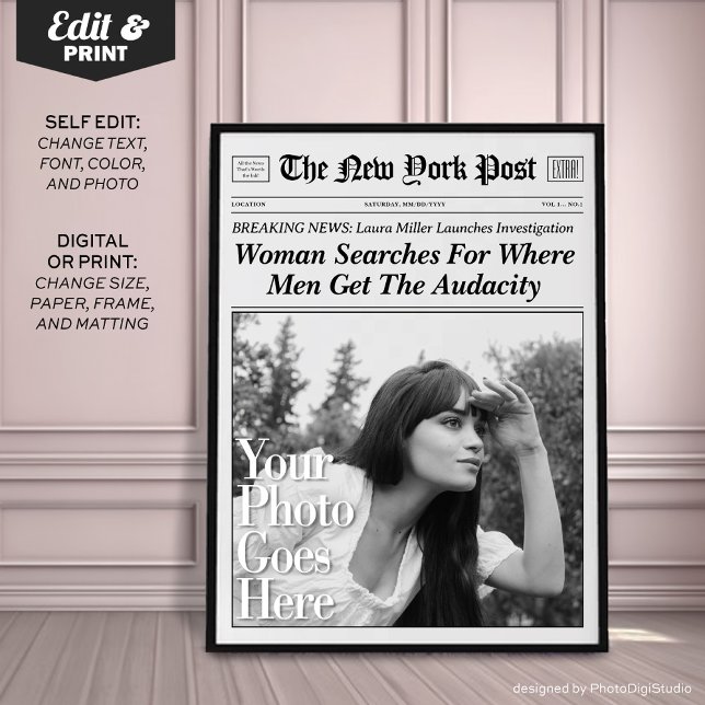 Audácia de Impressão de tendências personalizadas  (Personalized Newspaper Trendy Print for Girls  'Woman Searched For Where Men Get The Audacity' )