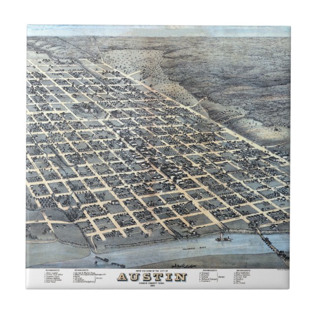 Austin, Texas Antique Aerial City Map de 1873 (Frente)
