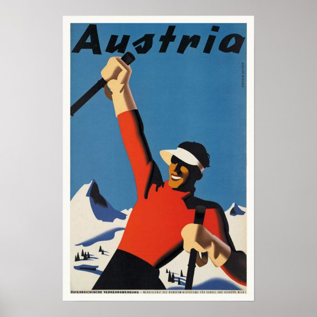 Áustria, Montanhas Skier Viagem Poster vintage (Frente)