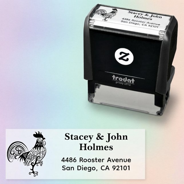 Auto Entintado Carimbo de Endereço de Devolução Automático com Ga (Self inking return address stamp featuring an artistic swirly rooster illustration.)