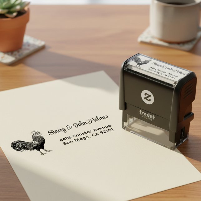 Auto Entintado Carimbo de Endereço de Devolução Automático com Ga (Rooster return address stamp 🐓)