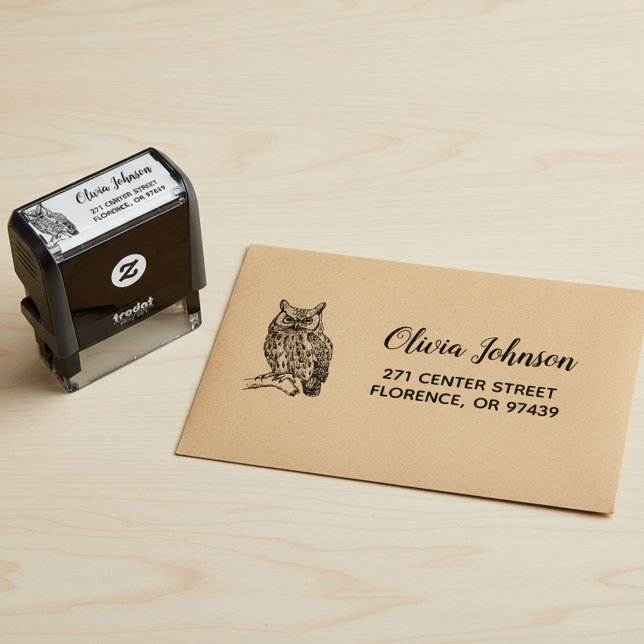 Auto Entintado Carimbo de Endereço de Devolução Automático Coruja (Vintage owl return address stamp.)