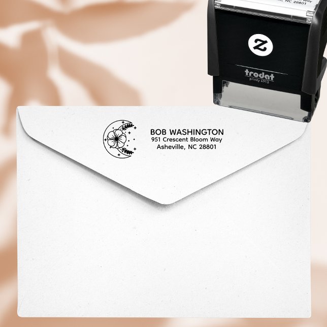 Auto Entintado Carimbo de Endereço de Retorno Lua Celestial & Flo (Celestial floral return address stamp)