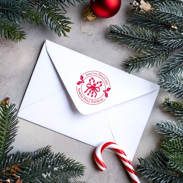 Auto Entintado Carimbo de Madeira de Bengala de Natal (Red candy cane stamp on white envelope)