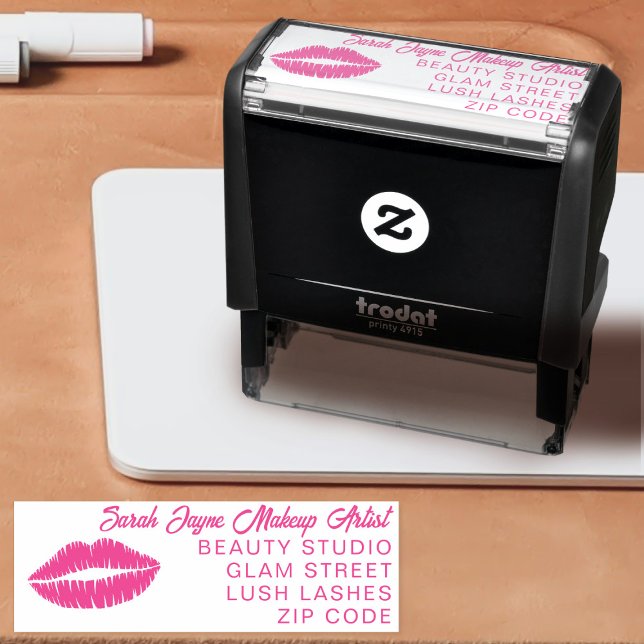 Auto Entintado Lábios Rosa Maqueiam Carimbo de Autoimpressão de E (Perfect address stamp for your makeup business. Just add your details)