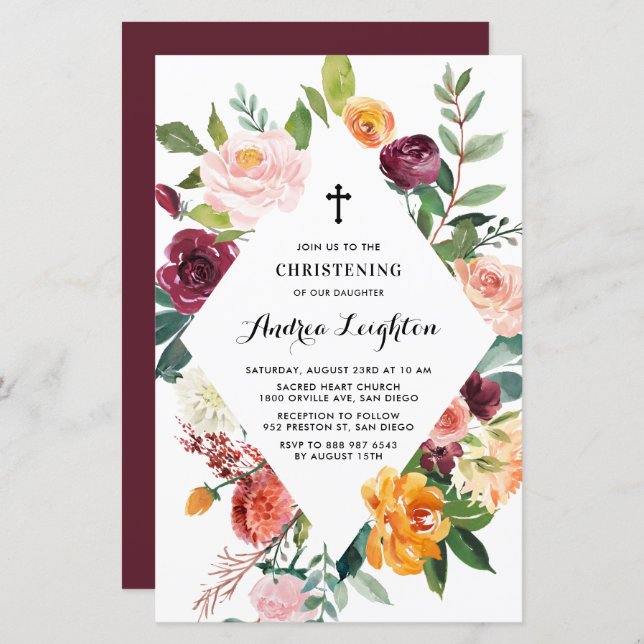 Autumn Blooms Frame Christening Convite (Frente/Verso)