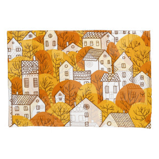 Autumn Cityscape, Trees Houses Pattern.