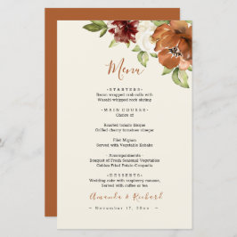 Autumn Floral Dark Orange Weding Menu