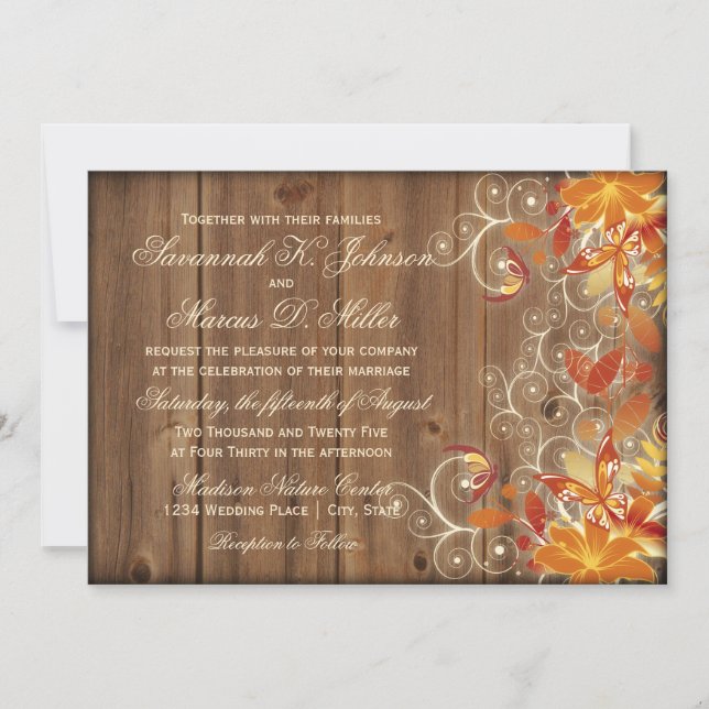 Autumn Floral Rustic Wood Casamento outono Convite (Frente)