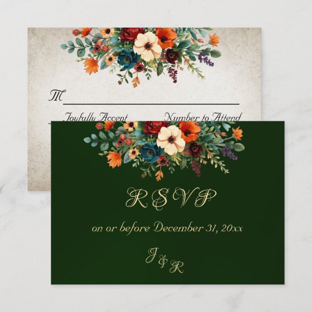 Autumn Floral & Wreath RSVP - Emerald (Frente/Verso)