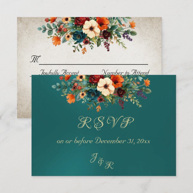 Autumn Floral & Wreath RSVP - Teal (Frente/Verso)