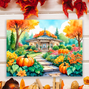 Autumn Garden House com Pumpkins Wall Poster