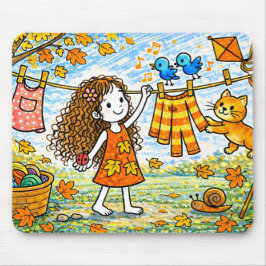 Autumn Girl Cat Clothesline Mouse Pad