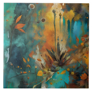 Autumn Harvest Teal Rust Abstrato Dourado