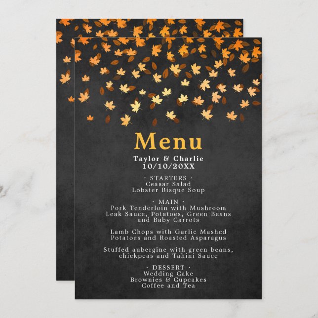 Autumn Leaves Douradas e Black Weding Menu (Frente/Verso)