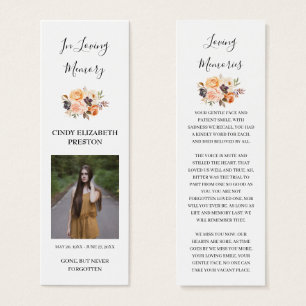 Autumn Orange Floral Photo Funeral Poem Bookmark