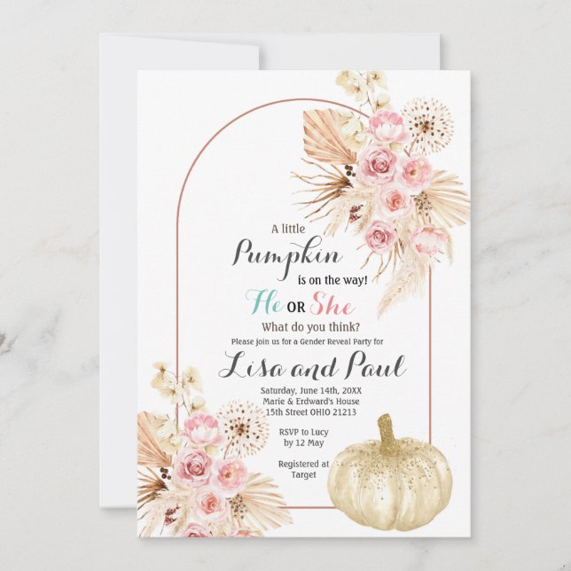 Autumn Pumpkins Ele ou Ela Revela Convite (Frente)