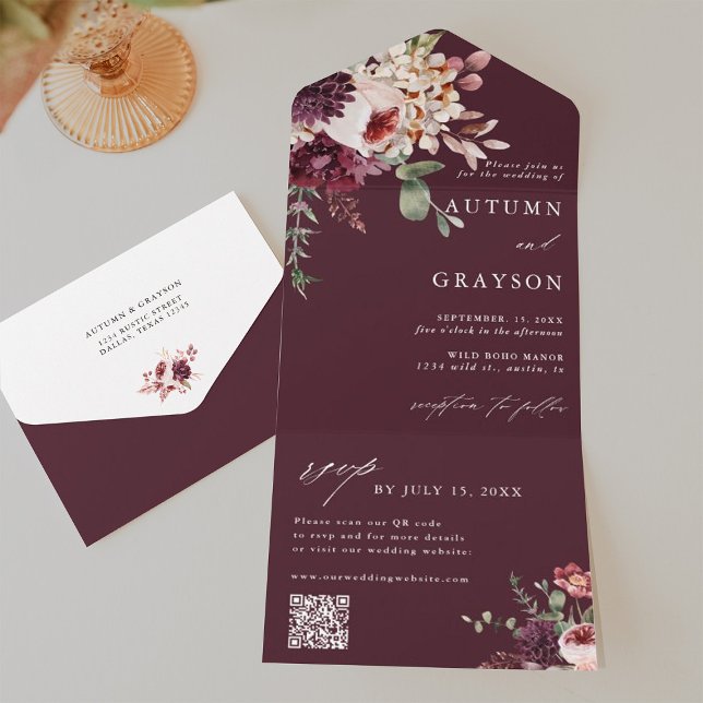 Autumn Romance Burgundy Floral Wedding Código QR (Inside & Back)
