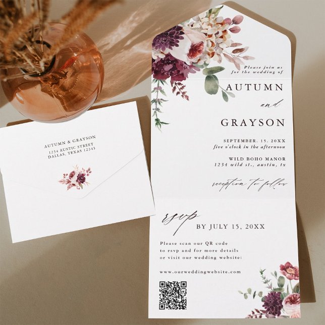 Autumn Romance Elegant Floral Wedding Código QR (Inside & Back)