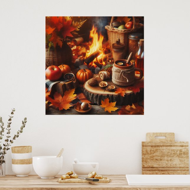 Autumn Season Pumpkins e Camp Fire AI Poster (Cozinha)