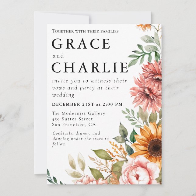 Autumn Sunflower Watercolor Convite para Casamento (Frente)