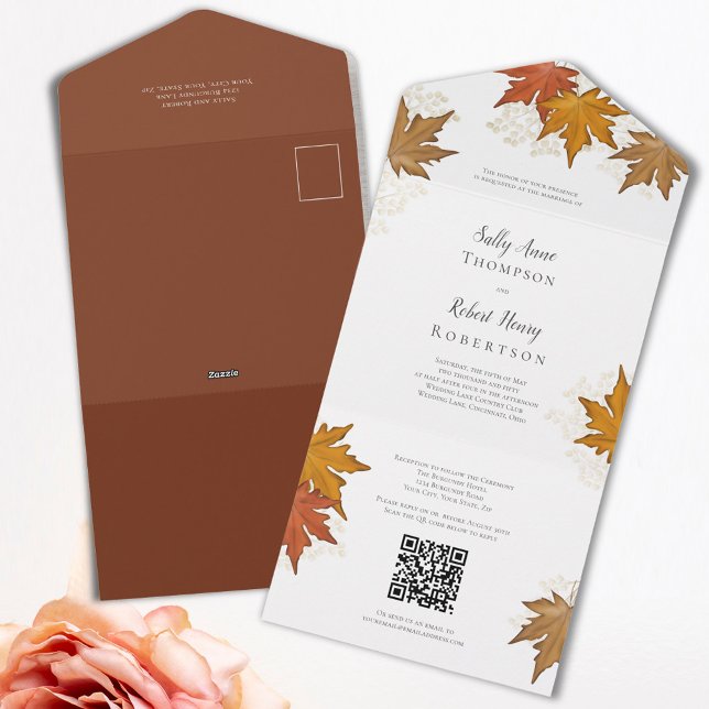 Autumn Watercolor Deixa Personalizado (Fall autumn leaves custom all in one wedding invitations)