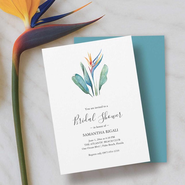 Ave de Aquarela do Chá de panela do Paraíso (Bridal shower luncheon invitations tropical bird of paradise art Victoria Grigaliunas DoTellABelle)