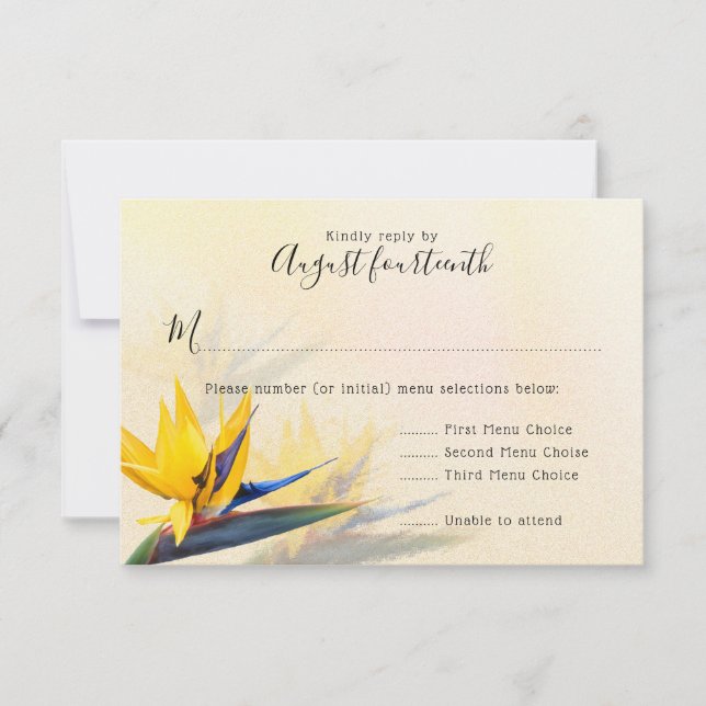 Ave do paraíso Hawaiian Wedding Menu Reply Cards (Frente)