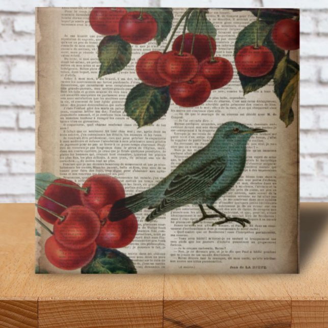 ave francesa retro botanical red cherry (french country bird retro botanical red cherry tile)