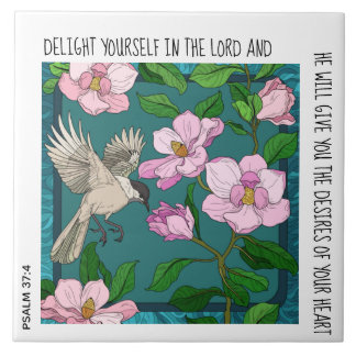 Ave no Floral: verso do Azulejo cerâmico Psalm 37: