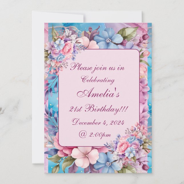 Ave Vibrante e Convite Floral de Aniversário Rosa (Frente)