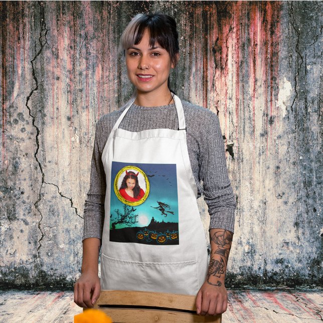 Avental Bruxa de Halloween, Jack o' Lanterns, Foto (Halloween Witch, Jack o' Lanterns, Photo Frame Adult Apron)